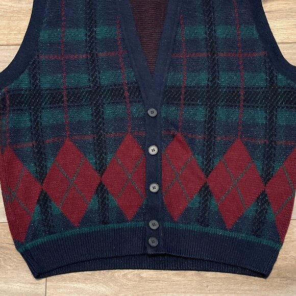 VTG Jantzen Knit Cardigan Sweater Vest Plaid SZ XL Multicolor USA Made Grandpa - Picture 3 of 10